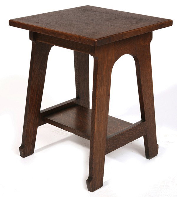 STICKLEY BROTHERS TABOURET: With splined top and lower shelf. Excellent original red brown finish. Signed with metal tag. Two slight drink rings on top. Very good condition. 20" H x 15" W x 15" D.