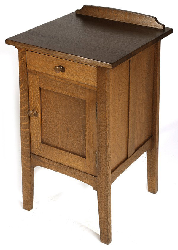 STICKLEY BROTHERS NIGHTSTAND: With backsplash, splined top and arched rails; refinished medium brown. Signed with metal tag. Very good condition. 33" H x 18" W x 18" D.