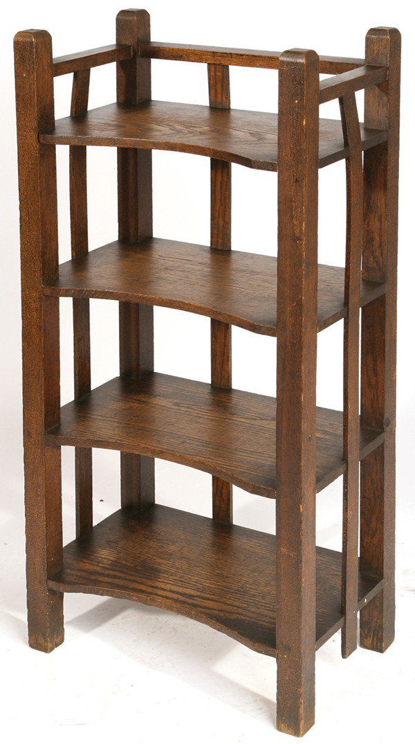 ARTS & CRAFTS MAGAZINE STAND: With four shelves; cleaned original brown finish. 45" H x 21" W x 12" D.