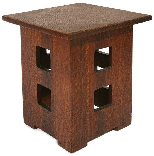 LIMBERT CUT-OUT TABOURET #234: Spline top; original dark brown finish. Signed with branded signature. Plant stain to top and reglued side panel. Good condition. 18" H x 16" W x 16" D.