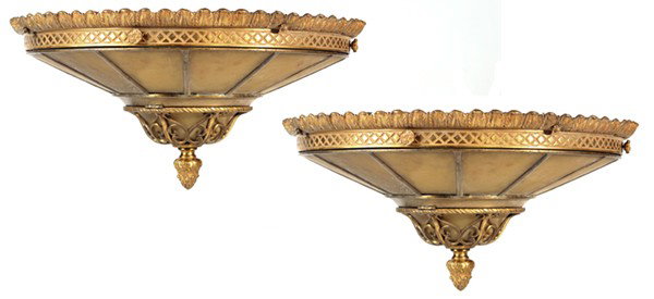 PR. OF OSCAR BACH ATTRIBUTION CHANDELIERS: With honey amber stained glass panels and pierced designs with acorn finial. One with two cracked panels; otherwise both in good condition. 12" H x 24" Dia. From same home as previous Lot #52 Oscar Ba