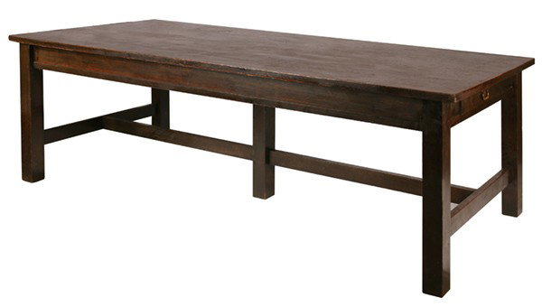 STICKLEY BROTHERS, ATTRIBUTION LG. 96" TABLE: Stickley Brothers (Attribution), Large 96" Conference Table; With one drawer; stretcher base and center drawer. Hand hammered copper pull and splined top. Fine condition with excellent original dark f
