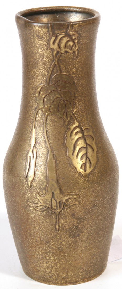 SILVERCREST BRONZE VASE W/FLORAL OVERLAY: Signed and #C2006. Original patina. Bend to top and small dent in back. 7 1/4" H.