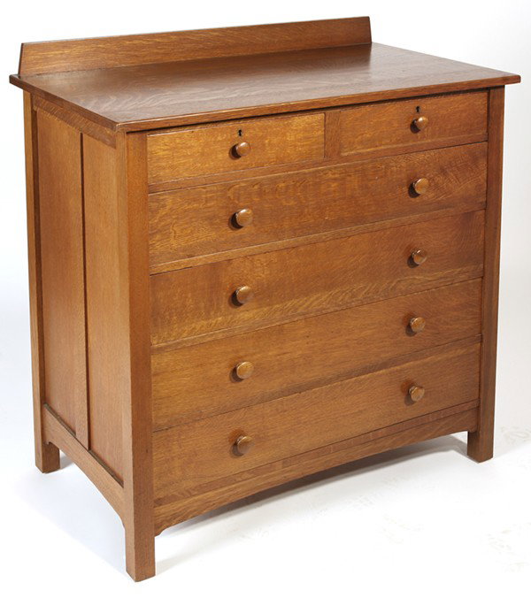 STICKLEY BROTHERS CHEST: With splined top; splashback and 2-drawers over 4-drawers; excellent original brown finish. Signed with metal tag. Excellent condition. 42 1/2" H x 38" W x 21 1/2" D.