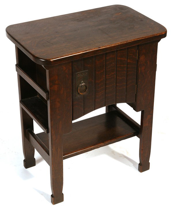 MICHIGAN CHAIR CO. STAND: With side shelves; very good original dark brown finish. Very good condition. 26" H x 22" W x 14" D.