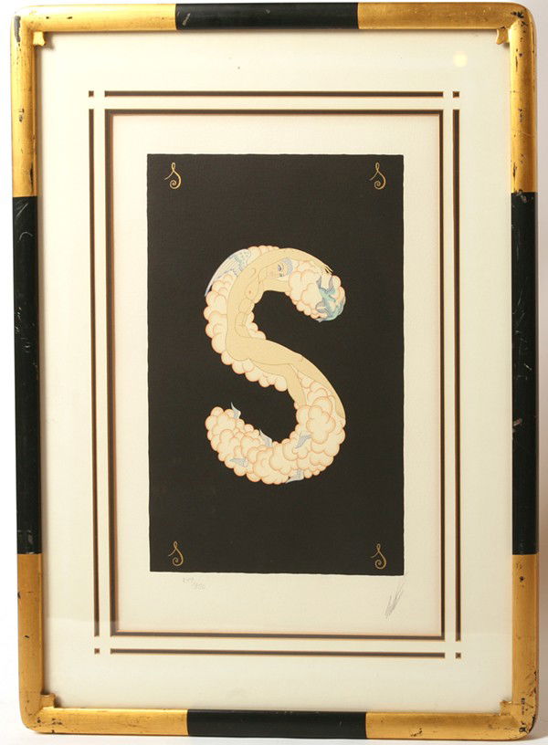 ROMAIN (ERTE) DE TIRTOFF (N.Y./FRANCE) SERIGRAPH: Romain (Erte) DeTirtoff (New York/Russian/France, 1892-1990) sight 19 3/8" x 13 3/8" serigraph; the letter "S" from the Alphabet Suite. Pencil signed "Erte" lower right and numbered 249/350 lower left