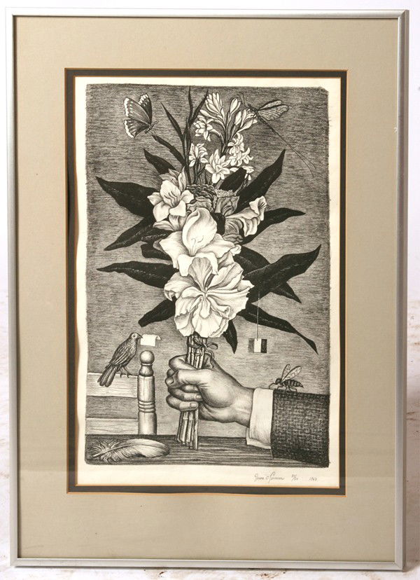 JUAN O'GORMAN (MEXICO) LITHOGRAPH: Juan O'Gorman (Mexico, 1905-1982) sight 14 3/8" x 9 3/8" lithograph; pencil signed and numbered "Juan O'Gorman, 31/50, Dated 1963" lower right. Well listed artist. Good condition.