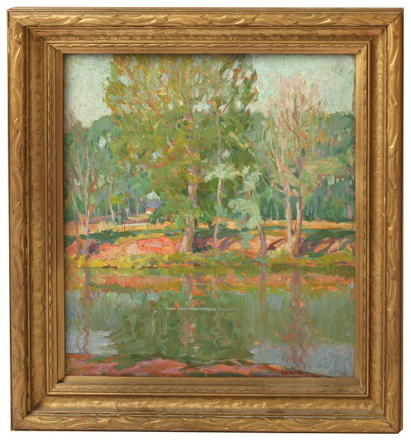 FRANK H. MYERS (OHIO/CALIFORNIA) OIL PAINTING: Frank Harmon Myers (Cincinnati, Ohio/Pacific Grove, California, 1899-1956) 16" x 14" oil on wood panel. Titled "A Lazy Day" on verso. Signed lower right "F.H. Myers". Myers born in Cleves, Ohio, studi