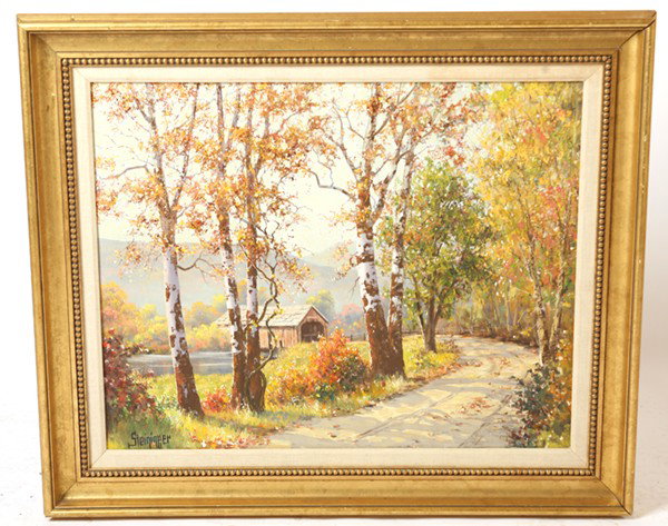 DWIGHT F. STEININGER (INDIANA) OIL PAINTING: Dwight F. Steininger (Indiana, 1910-1997) 24" x 32" oil on canvas. Signed lower left "Steininger". Titled "The Grapevine Serenade" and dated 1963 on verso. Well listed artist. Good condition.