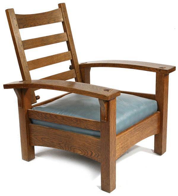 GUSTAV STICKLEY BOW ARM MORRIS CHAIR #336: With arched stretchers; refinished; two adjustable holes for back support not three. Signed with red decal. 39 1/2" H x 30" W x 33" D.