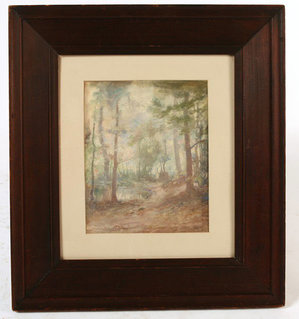 JOHN WESLEY LITTLE (AMERICAN) WATERCOLOR: John Wesley Little (Pennsylvania, 1867-1923) 12 1/4" x 10" watercolor of forest scene. Signed lower left "J. Wesley Little". Well listed artist.