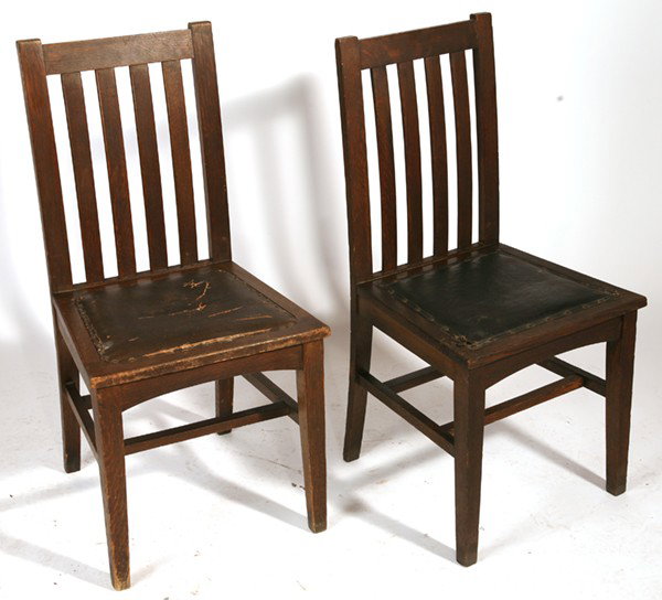 PR. OF ARTS & CRAFTS PRAIRIE SCHOOL STYLE CHAIRS: With slightly curved four slat back. Very good original dark red brown finish. Very good condition. 36 1/2" H x 18" W x 17" D.