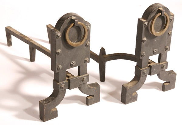 PR. OF ARTS & CRAFTS ANDIRONS: With brass ring and riveted designs. Very good condition. 13" H x 8 1/2" W.