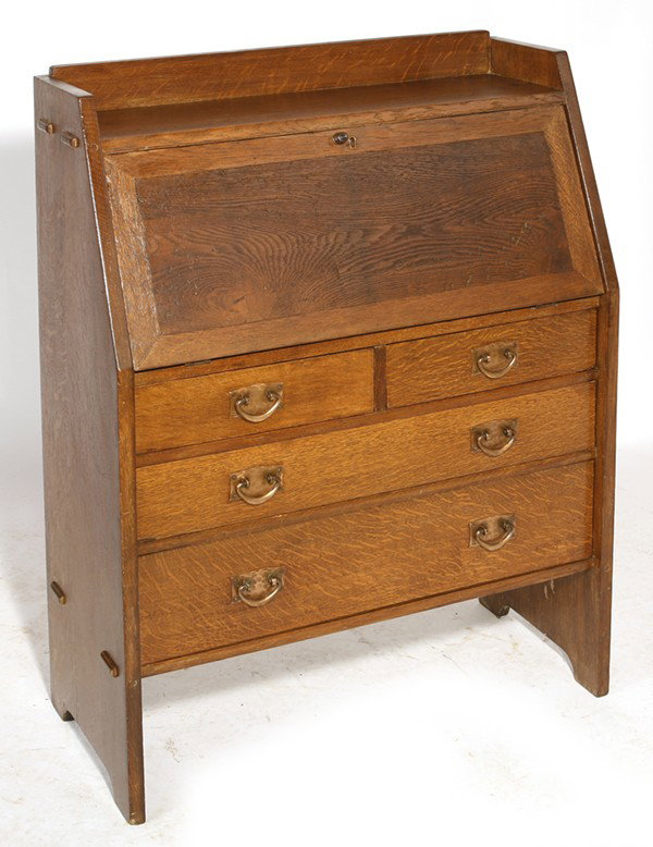 GUSTAV STICKLEY FALL FRONT DESK #732: Thru-tenon sides; original interior; and original hardware. Refinished. Loss of veneer on lid. Replaced back? 44" H x 32" W x 14" D.