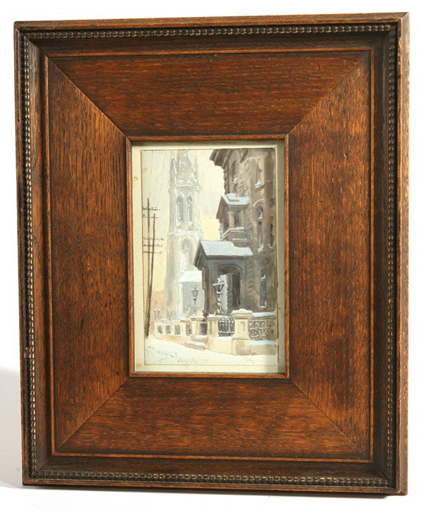 SIGNED E.T. HARVEY WATERCOLOR: A fine 6" x 4" watercolor of St. Xavier Church. Signed lower left "E.T. Harvey" and dated 1914. In oak Arts & Crafts frame. Good condition.