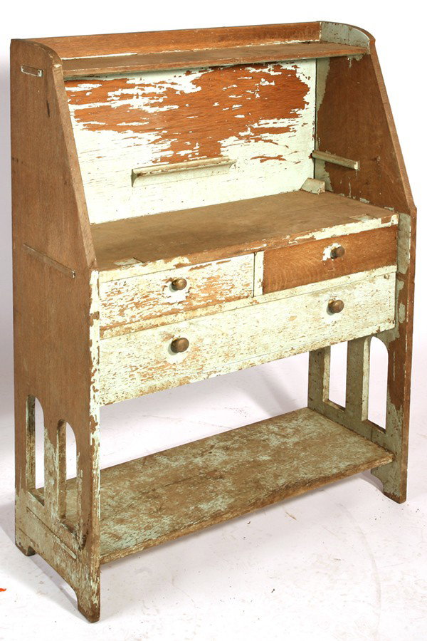 STICKLEY BROTHERS FALL FRONT DESK #6500: Thru-tenon and cut-out sides. As found. Loss of Lid and painted. Small piece of wood at base of one side missing. 47" H x 32" W x 13" D.
