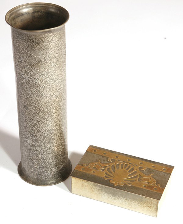 SILVERCREST BOX & WILCOX HAND HAMMERED VASE: Bronze box signed and #6506. Worn finish. Hammered Wilcox Plating Co. vase with tooled flowers at top. Some dents. Box 6" L. Vase 12".