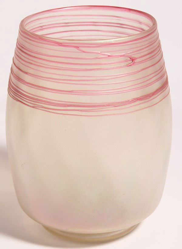 LOETZ TYPE THREADED ART GLASS VASE: Iridescent body with rose threading at top 2.5". Ground pontil. 7.5" high. Could be Steuben.