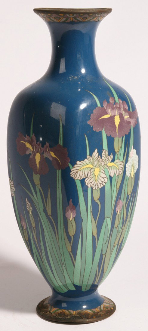 OUTSTANDING LG. CLOISONNE VASE: Decorated with iris on royal blue ground. 14.5" high. Some damage at lip and foot.