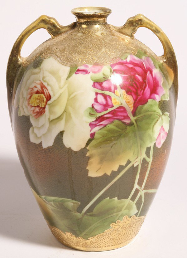 FINE NIPPON VASE: Double handled with painted roses and gilt scroll work. Unmarked. 9.25" high.