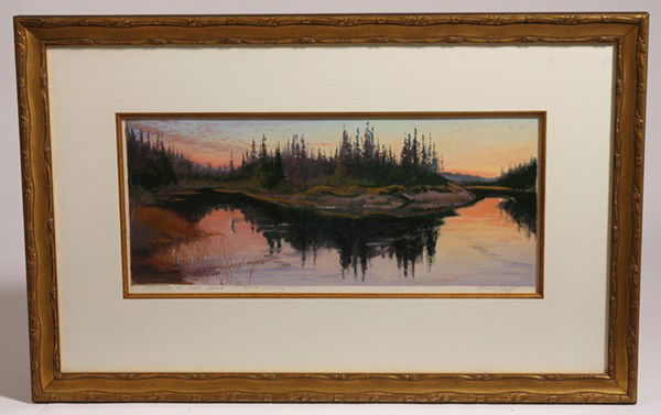 MICHAEL SCOTT (OHIO, 1952--) OIL ON PAPER: Michael Scott (Ohio, 1952--) 18" x 7 3/4" oil on paper titled "Still Water at Dusk, Summer No Beaver Activity" lower left. Signed "Michael Scott" lower right in pencil. Michael Scott was a student of