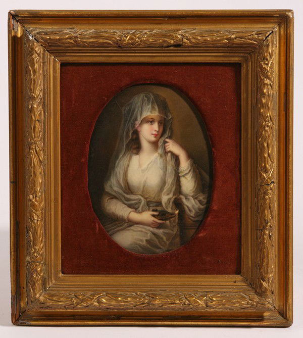 KPM TYPE HANDPAINTED PLAQUE: Porcelain with seated portrait of a young classically draped woman holding a lite oil lamp. Old professional repaired break. Framed. 11.5" x 13".