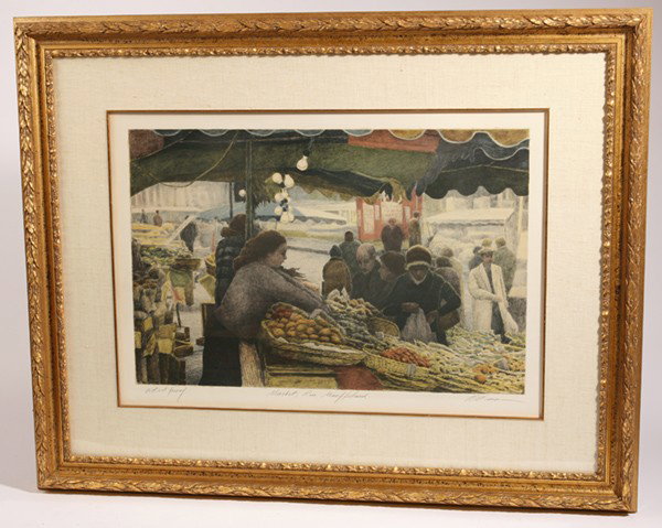 HAROLD ALTMAN (PENNSYLVANIA/FRANCE) ARTIST PROOF L: Harold Altman (Pennsylvania/France, 1924-2003) sight 28" x 29 1/2" artist proof lithograph titled "Market Rue Mouffetard" in pencil lower center. Signed in pencil "Altman" lower right, "Artist Proof" 