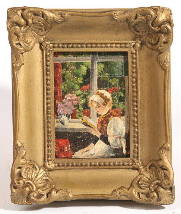 OIL PAINTING ON WOOD PANEL: Girl reading book seated in window. Signed "? Robling". 4.5" x 6" Framed.