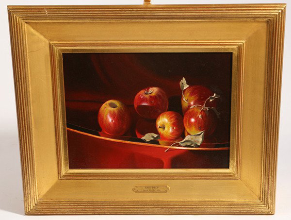 JACOB PFEIFFER (CALIFORNIA) OIL PAINTING: Jacob Pfeiffer (California) 12" x 16" oil on canvas Trompe L'oeil still lie painting titled "Skin Deep". Signed lower left "Jacob Pfeiffer". Good condition.