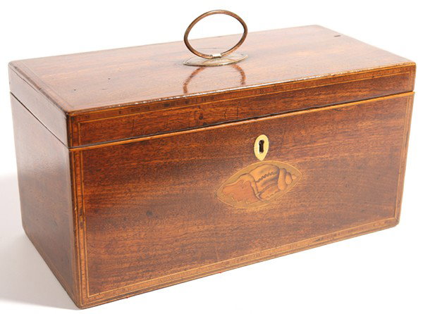 FINE 18TH CENTURY ENGLISH MAHOGANY TEA CADDY: With inlaid shell motif on front, original Sheffield handle on lid, ivory escutcheon, fitted interior, missing mixing bowl; otherwise excellent. 12.75" x 6.25" x 6.5" high.
