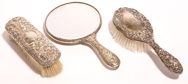 GORHAM REPOUSSE STERLING DRESSER BRUSHES: Also includes silver plated hand mirror.
