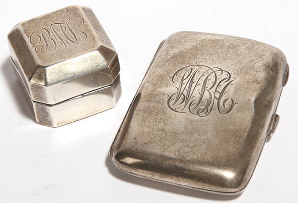 BIRMINGHAM STERLING CIGARETTE CASE & RING CASE: With date letter of 1908, gilt interior and engraved scrolled initials on lid. Lot also includessterling ring case. Cigarette case 3.25" x 2.25" x .5". Approx. 2.70 troy oz.