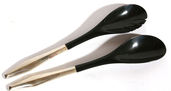 GIO PONTI "DIAMOND" PATTERN 2-PC. SALAD SET: By Reed & Barton. Unmarked sterling silver handles. 13" long.