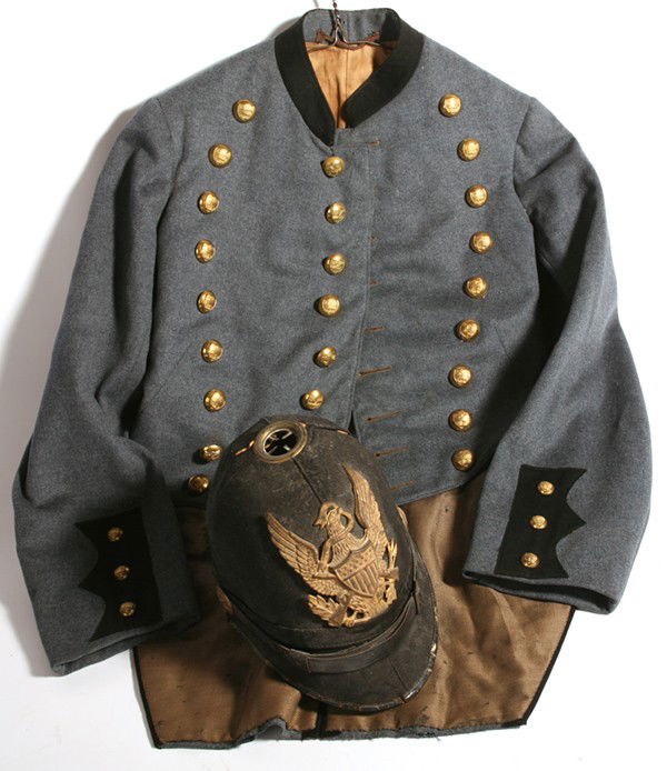 19TH CENTURY OHIO MILITARY ACADEMY JACKET & HELMET: Gray and black wool in the West Point style with Ohio State seal brass buttons, manuscript inked name on interior of "Power" and a Circa 1880's U.S. Army Infantry helmet. Jacket with minor wear. Helme