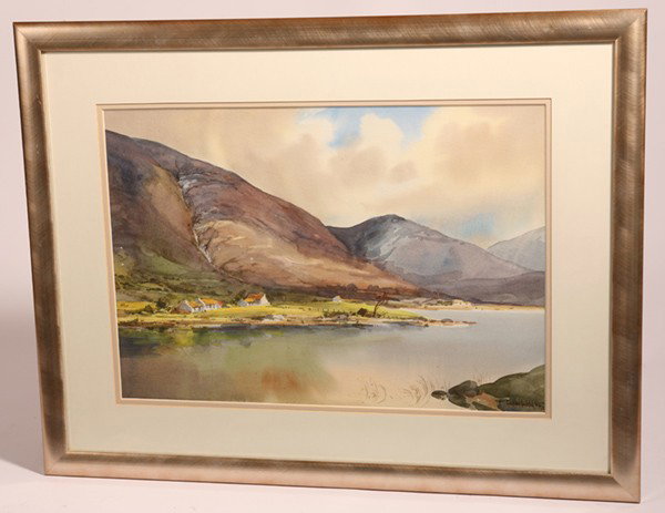 SUSAN WEBB (IRELAND) WATERCOLOR: Susan Mary Webb (Ireland, 1962--) sight 20 3/4" x 14 1/4" watercolor of mountain lake scene. Signed and dated "Susan Webb '86" lower right. Good condition.