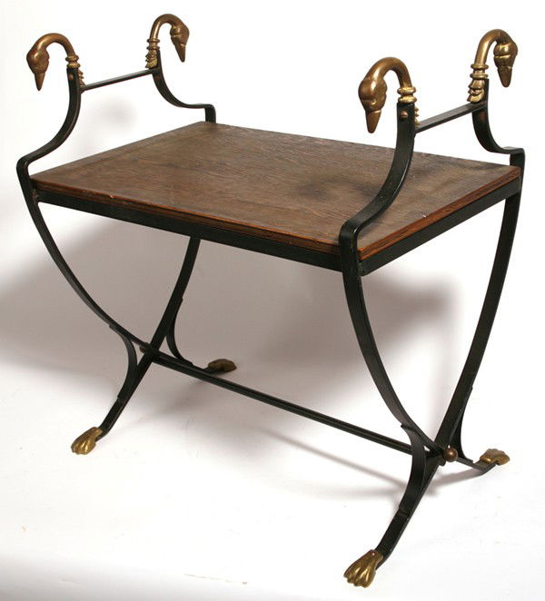 JANSEN STYLE CAST IRON & BRASS BENCH: In neo-classical style with swans head arm terminals and webbed feet, plank seat. 15" x 22" x 24" high.