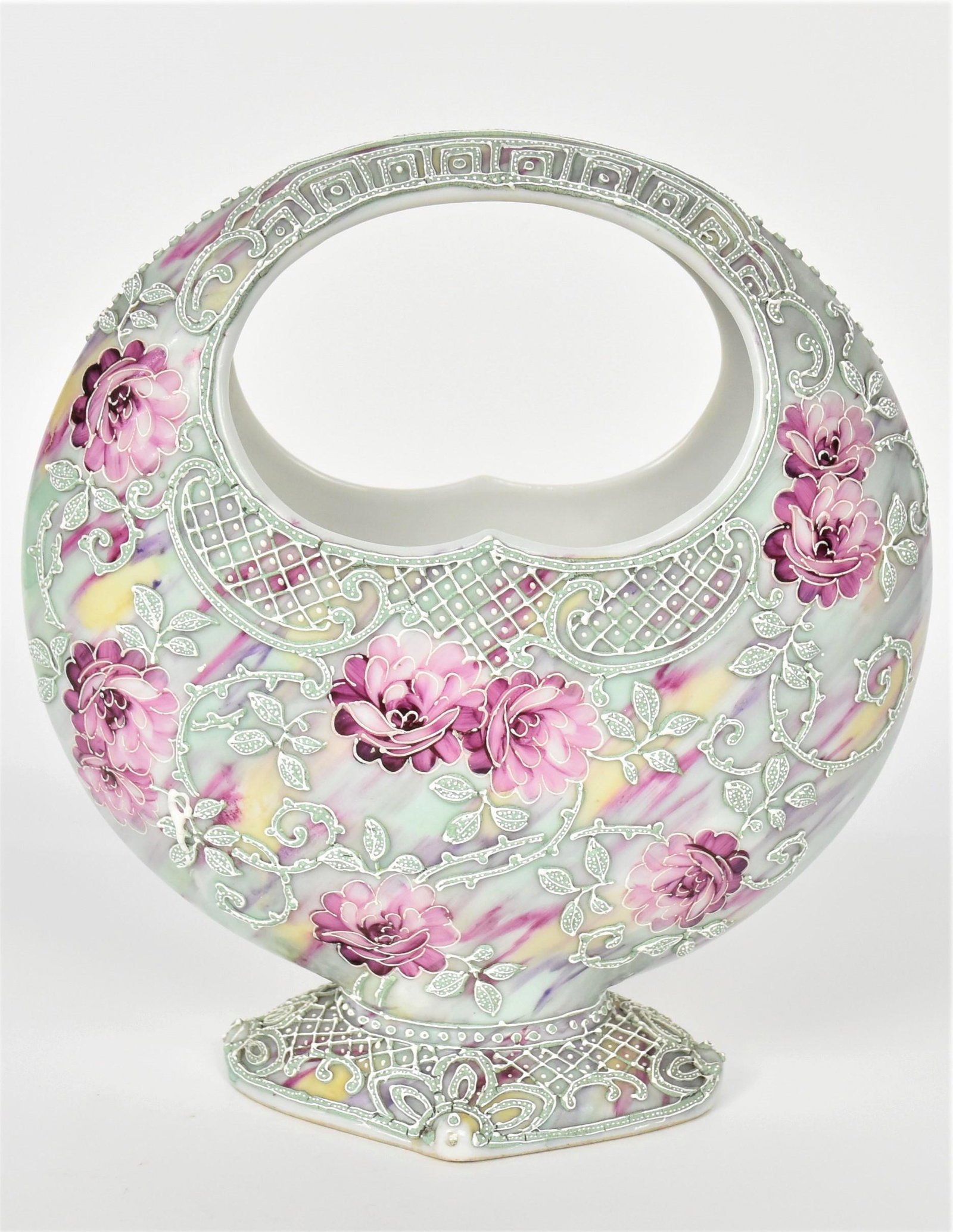 Nippon Moriage Basketweave Vase: Ruby mums against a spatter backdrop. Impressive raised designs. 8 3/4" tall, 8" wide. Unmarked, very good condition.