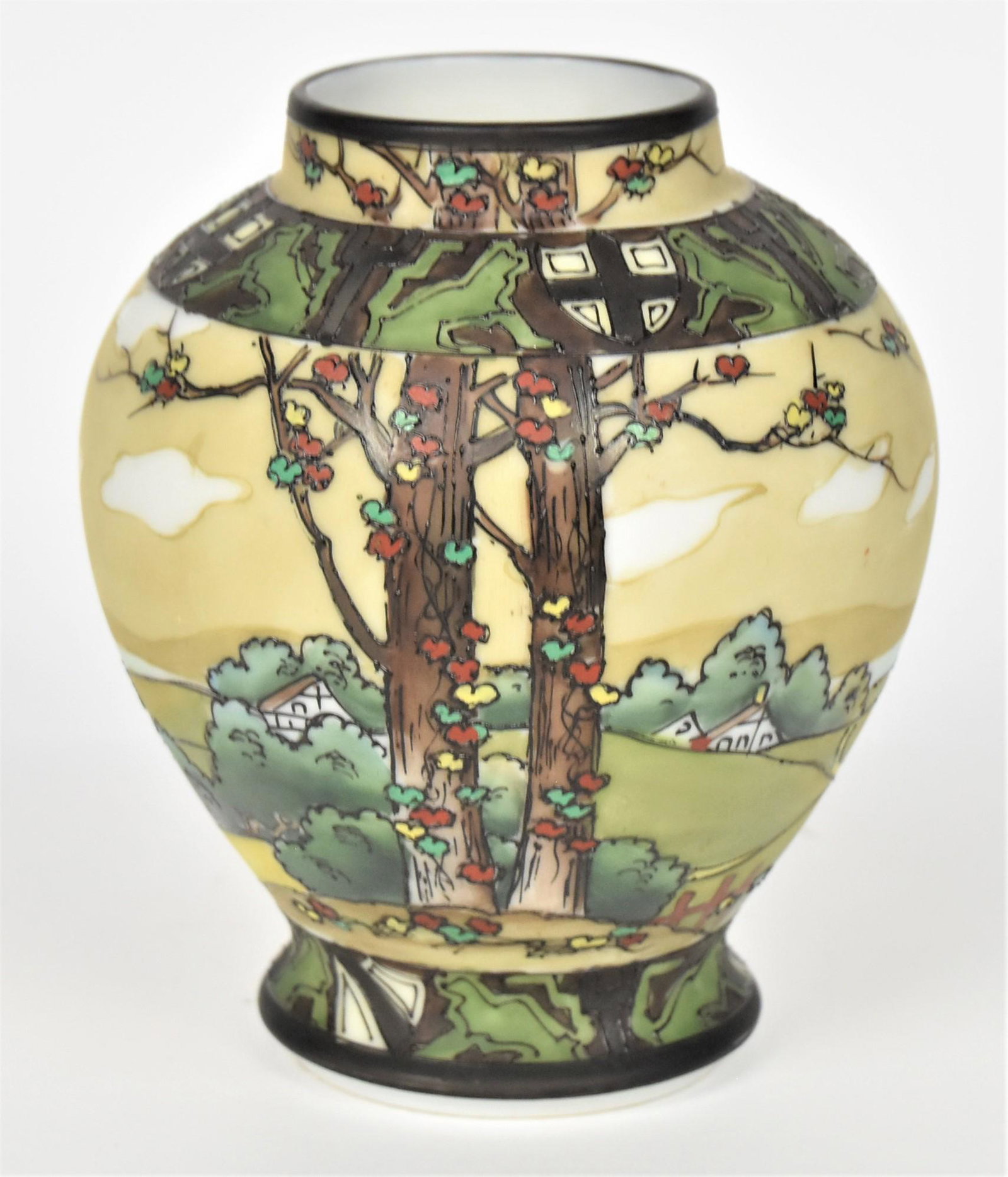 Nippon Enameled Woodland Scenic Vase: With tall trees and cottages hidden in rolling hills, 5 1/4" tall. Maple leaf mark. Delightful continous design. Good condition.