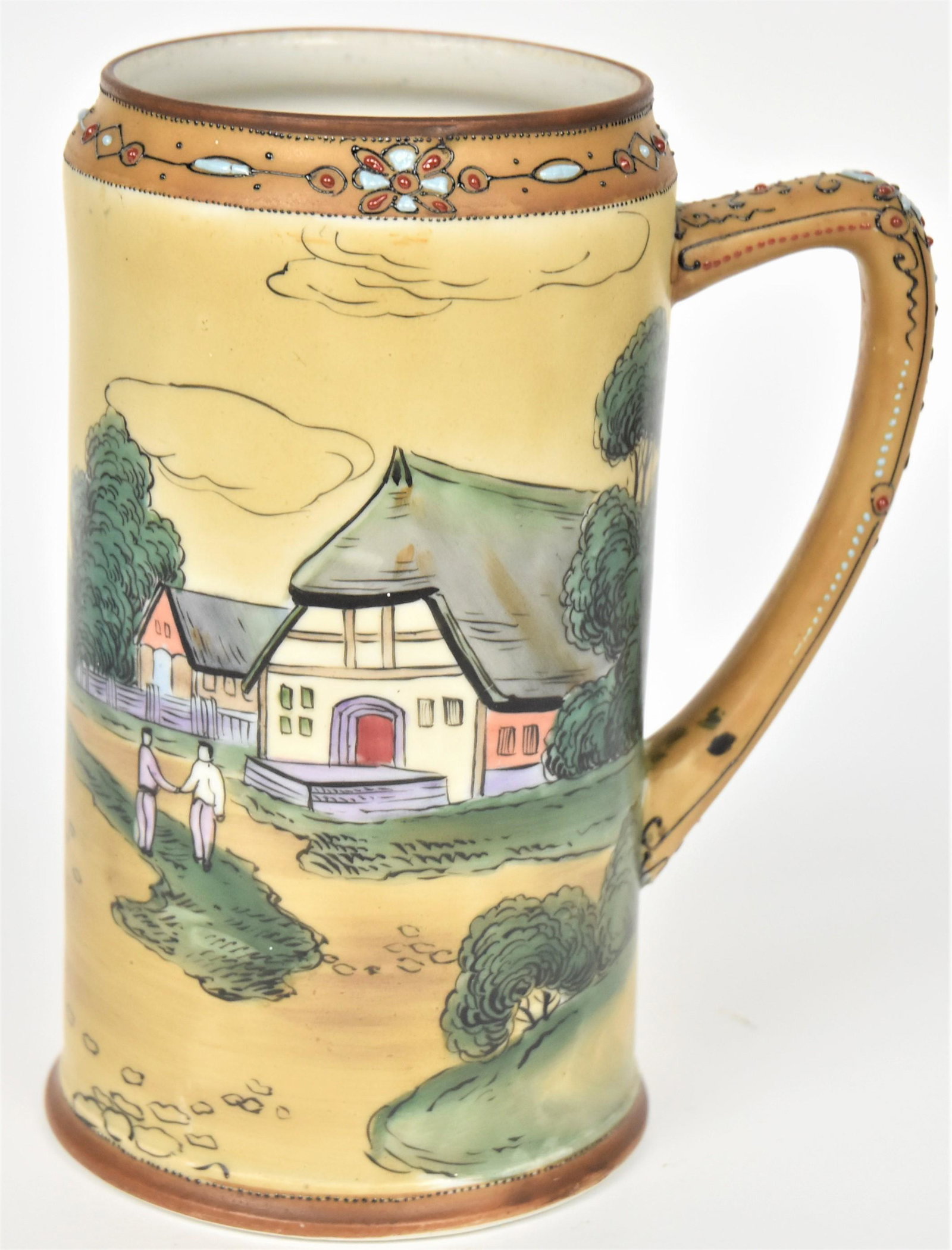 Nippon Scenic Landscape Stein: With houses and men shaking hands. Enamel ornaments on handle and at rim. 7"tall, M in wreath mark. Good condition.