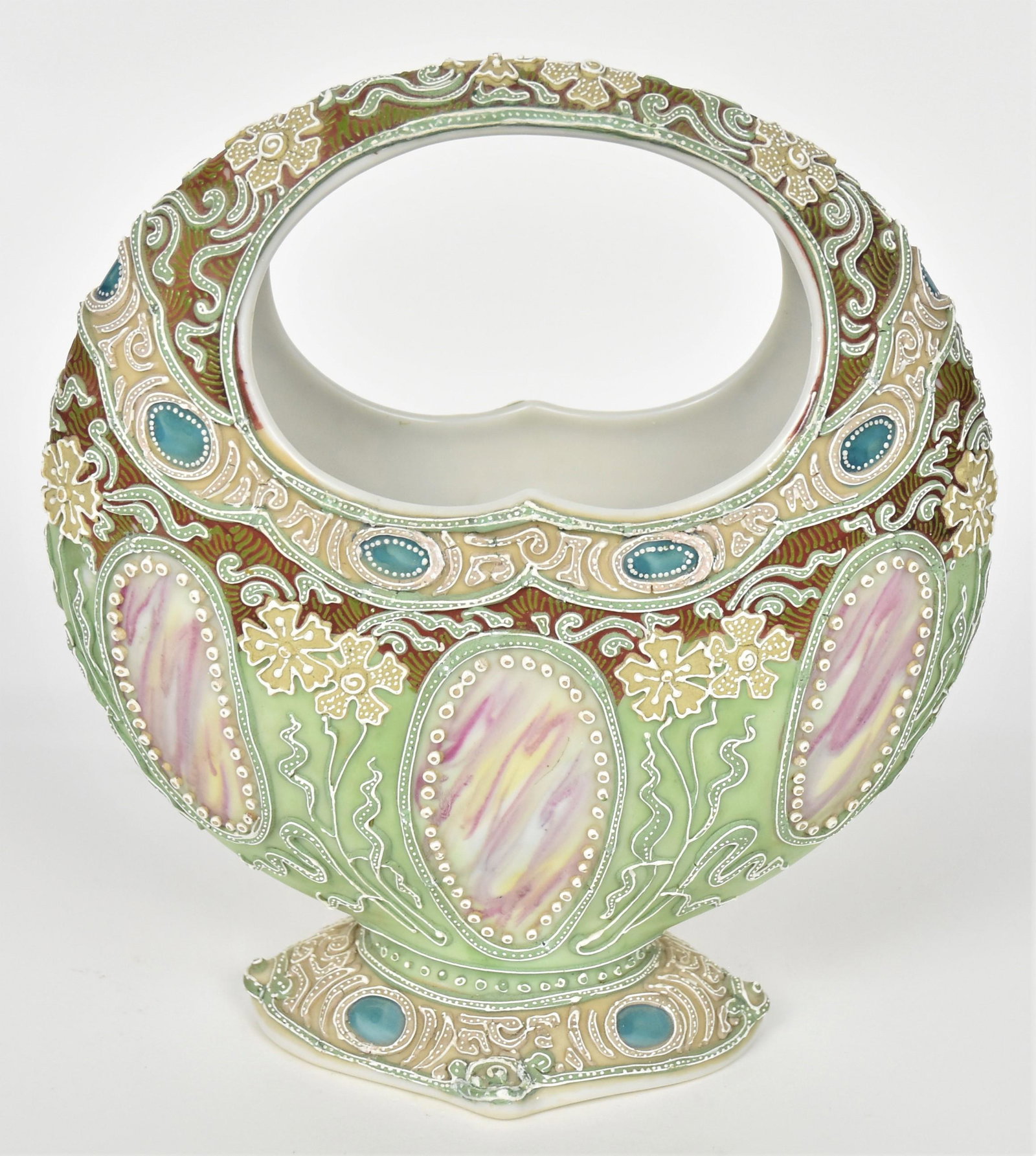 Nippon Moriage Basket: Featuring all over designs surrounding colorful oval panels. 8 3/4" tall, 8"across. Unmarked. Elegant and in good condition.