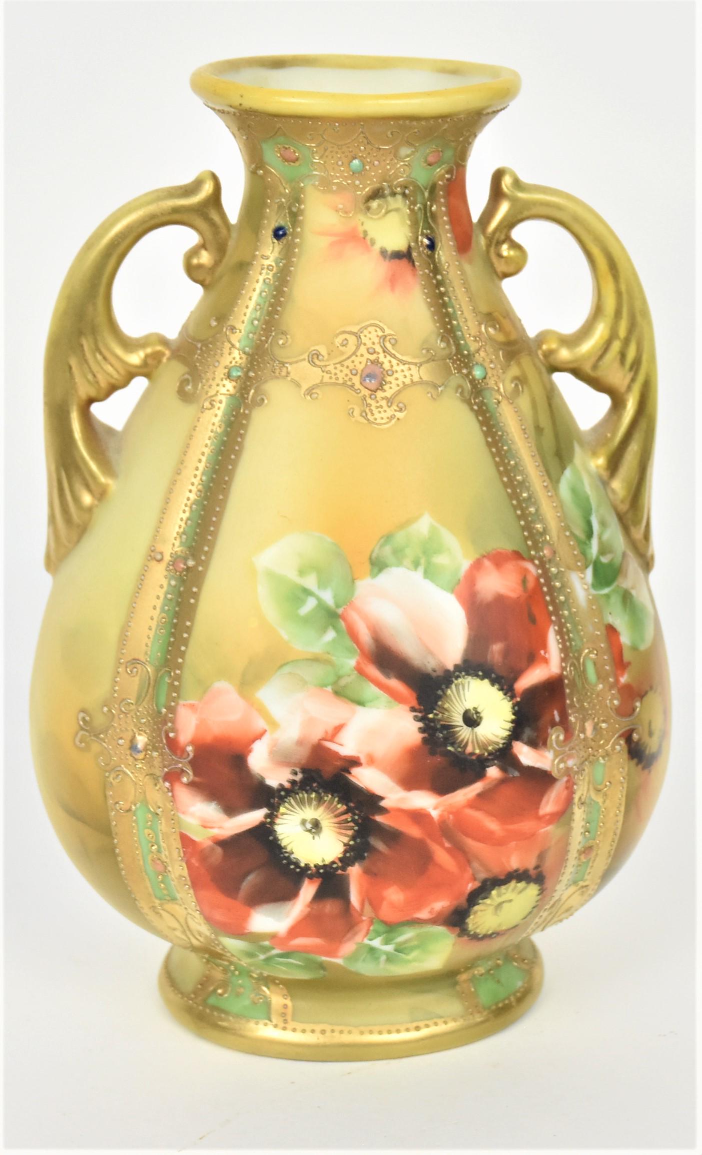 Nippon Jeweled Melon Form Vase: Displaying bold orange wild roses, fancy scroll handles. Ornate raised gold with beading. 8"tall, unmarked. Good condition.