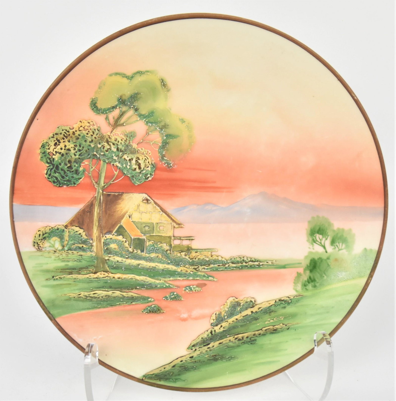 Nippon Moriage Scenic Wall Plaque: Coastline cottage at eventide, M in wreath logo, attractive. Good condition.