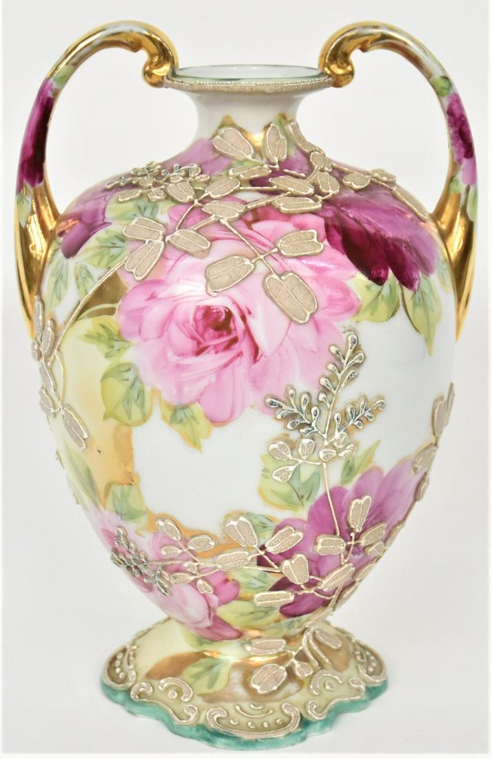 Royal Moriye Moriage Nippon and Rose Handled Vase: Fluffy ruby and pink blossoms all around and on scrolled handles. 9" tall, Royal Moriye logo. Attractive and in good condition.