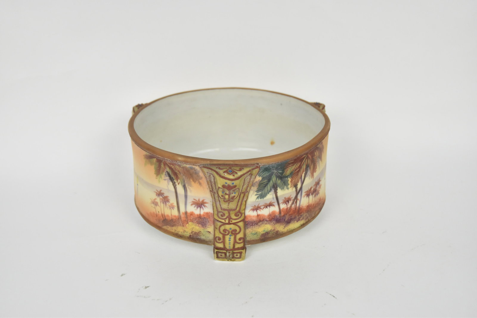 Nippon Moriage Sphinx Ferner: Three molded sphrinx side ornaments, Coastal palm trees scene. 3 1/2" tall, 7" diameter, M in wreath logo. Handsome and in good condition.