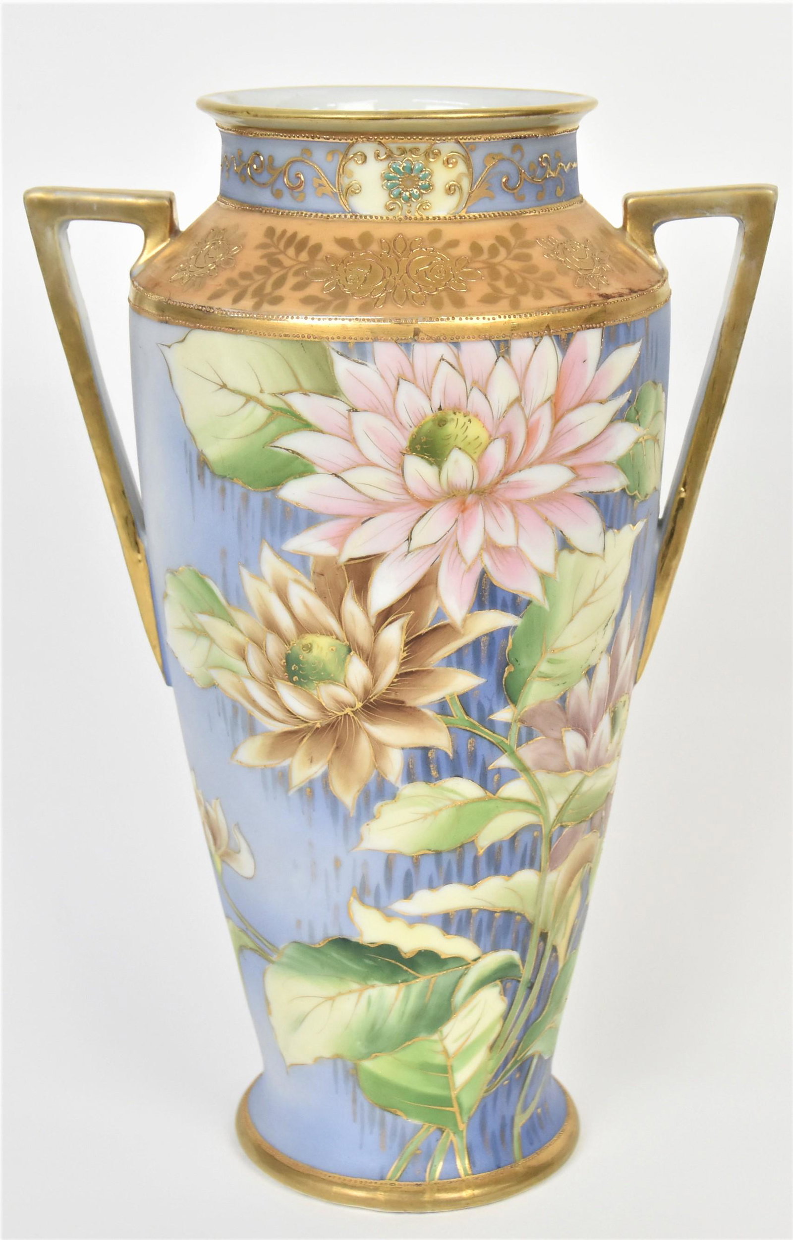 Nippon Jewel Lotus Handled Vase: Gold scrolling and jewel neck. Baby rose gold shoulder. 10 3/4" tall, M in wreath logo. Highly attractive and in good condition.