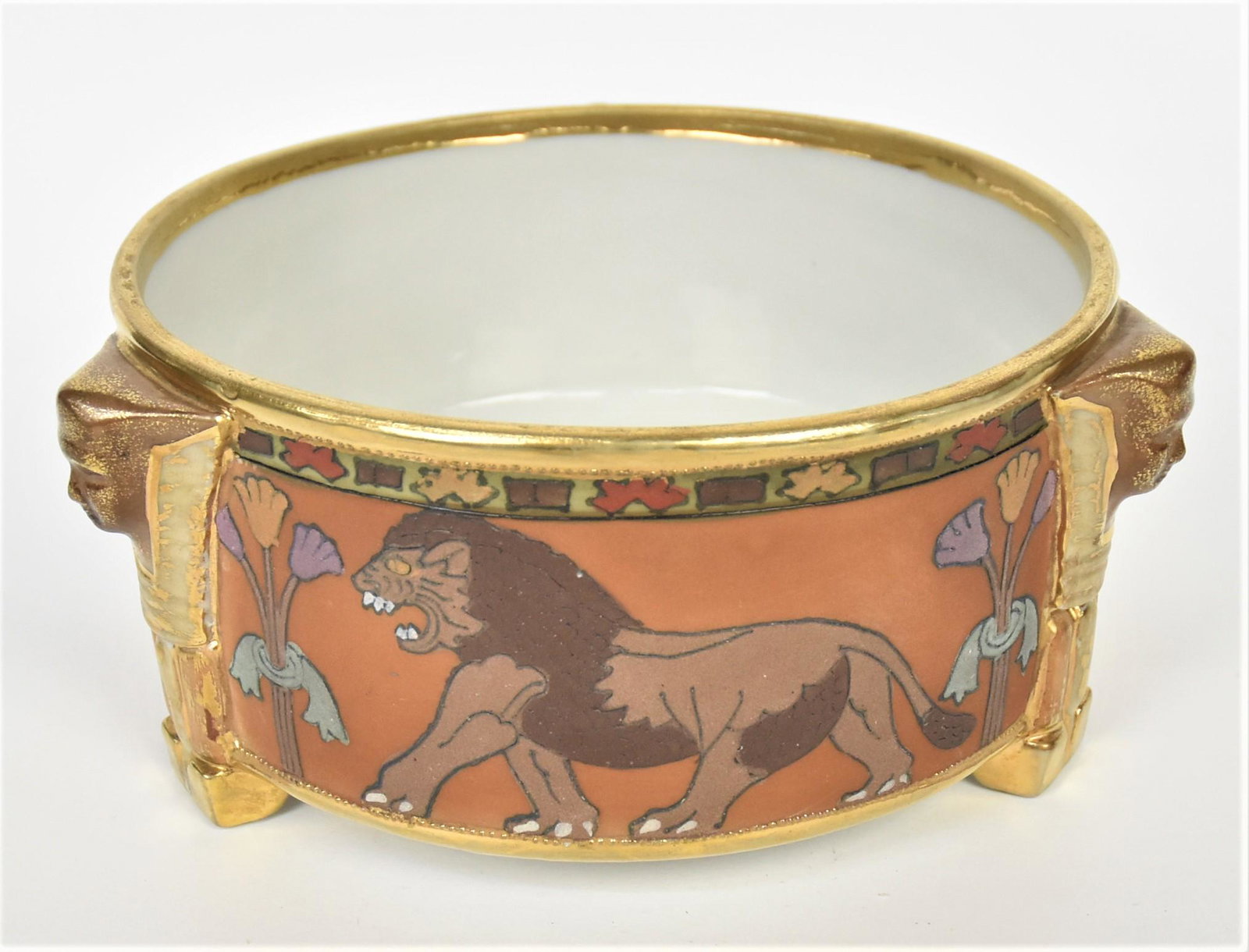 Nippon Molded Sphinx Ferner with Lion: Featuring Moriage lions and painted floral motif. 3 1/2" tall, 7" diameter bowl. M in wreath logo. Handsome and in good condition.