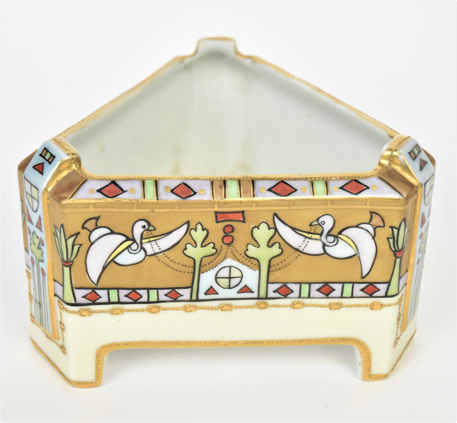 Nippon Howo Birds and Deco Ferner: In triangle form with repeated gold trim. 3 3/4" tall. M in wreath logo. Handsome and in good condition