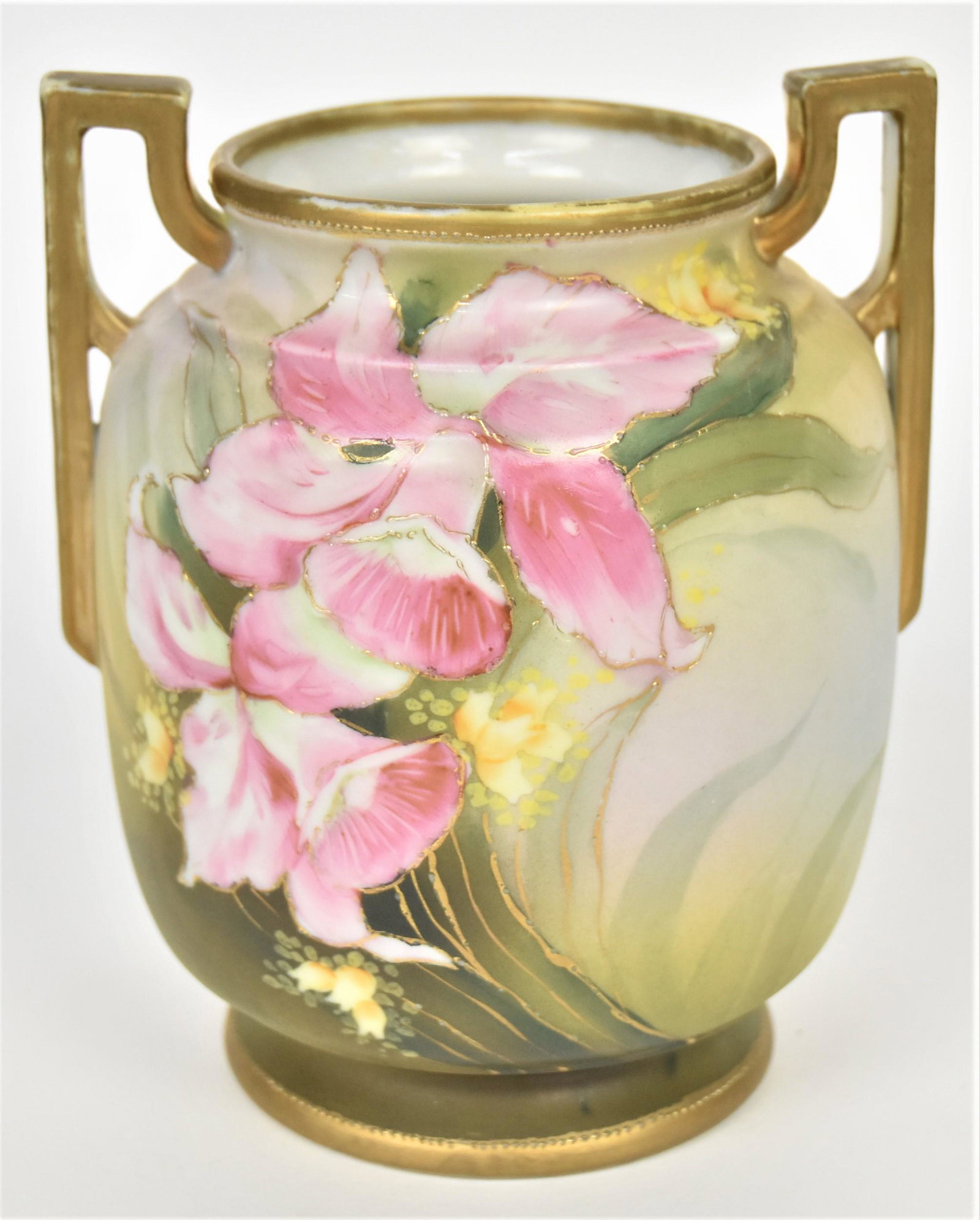 Nippon Pink Orchids Handled Vase: 6 1/2" tall. M in wreath logo. Both handles and rim have unfired gold applied; otherwise good condition.