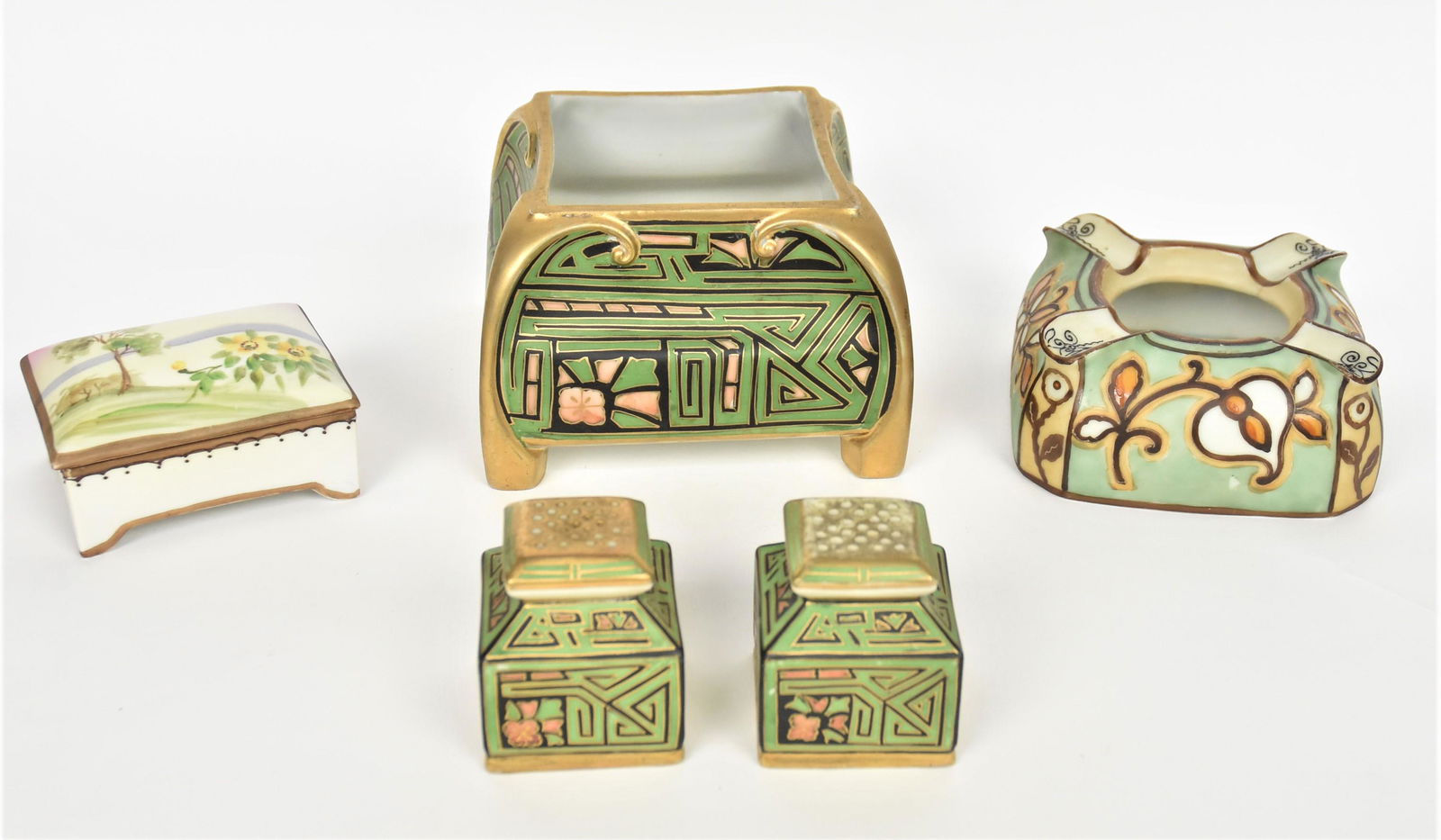 Five Pieces of Nippon: Includes fernery and matching S&P, ash receiver 3 3/4"tall, scenic covered box. All with M in wreath marks, Fernery 5" by 3 1/2". Fernery with crack to base, all others good condition.