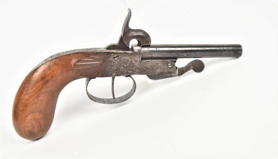 French Pin Fire Pistol: Tip-up with round 3 1/2" long circa 30 caliber barrel, nice floral engraving on frame, shell carved single piece walnut grip, 7 1/2" long. Condition Traces of bluing on barrle, VG.